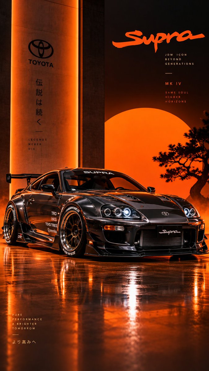 创作一张高端电影级汽车工作室海报，主体为一辆粉色 Mazda RX-7 FD，采用低位前 3/4 视角。车身采用纯净光亮的柔和粉彩色，姿态激进低趴，配备黑色前分流器、升起并点亮的…