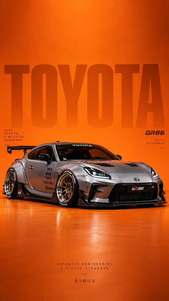 创作一张高端电影级汽车工作室海报，主体为一辆粉色 Mazda RX-7 FD，采用低位前 3/4 视角。车身采用纯净光亮的柔和粉彩色，姿态激进低趴，配备黑色前分流器、升起并点亮的…