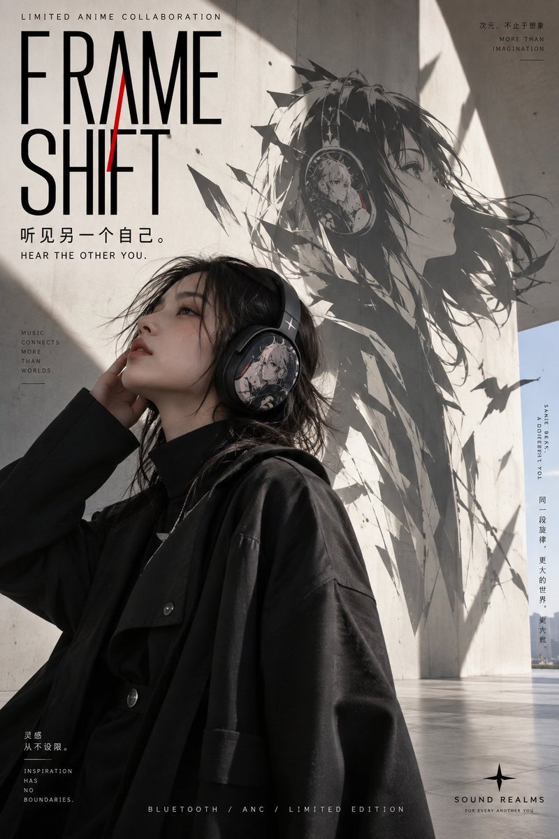 Gptimage2 提示词分享： 为一款限定版动漫联名头戴式蓝牙耳机，创作一张完整的、高品质的 2:3 竖版广告海报。 活动标题： “FRAME SHIFT”（帧·转换） 核心概…
