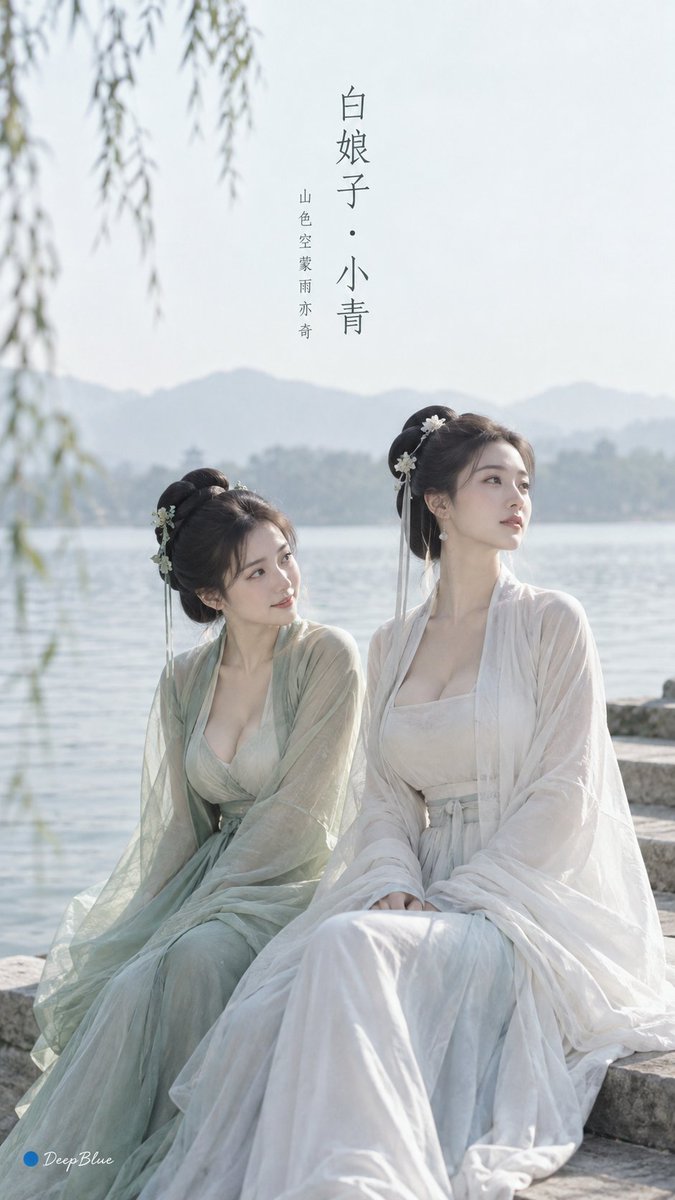 极简东方 × 宋式美学 × 古风 Editorial × 独立艺术封面 人物：白娘子、小青。 白娘子：画面右侧，微微侧身望向远处，神态沉静温婉；月白宋式长裙…