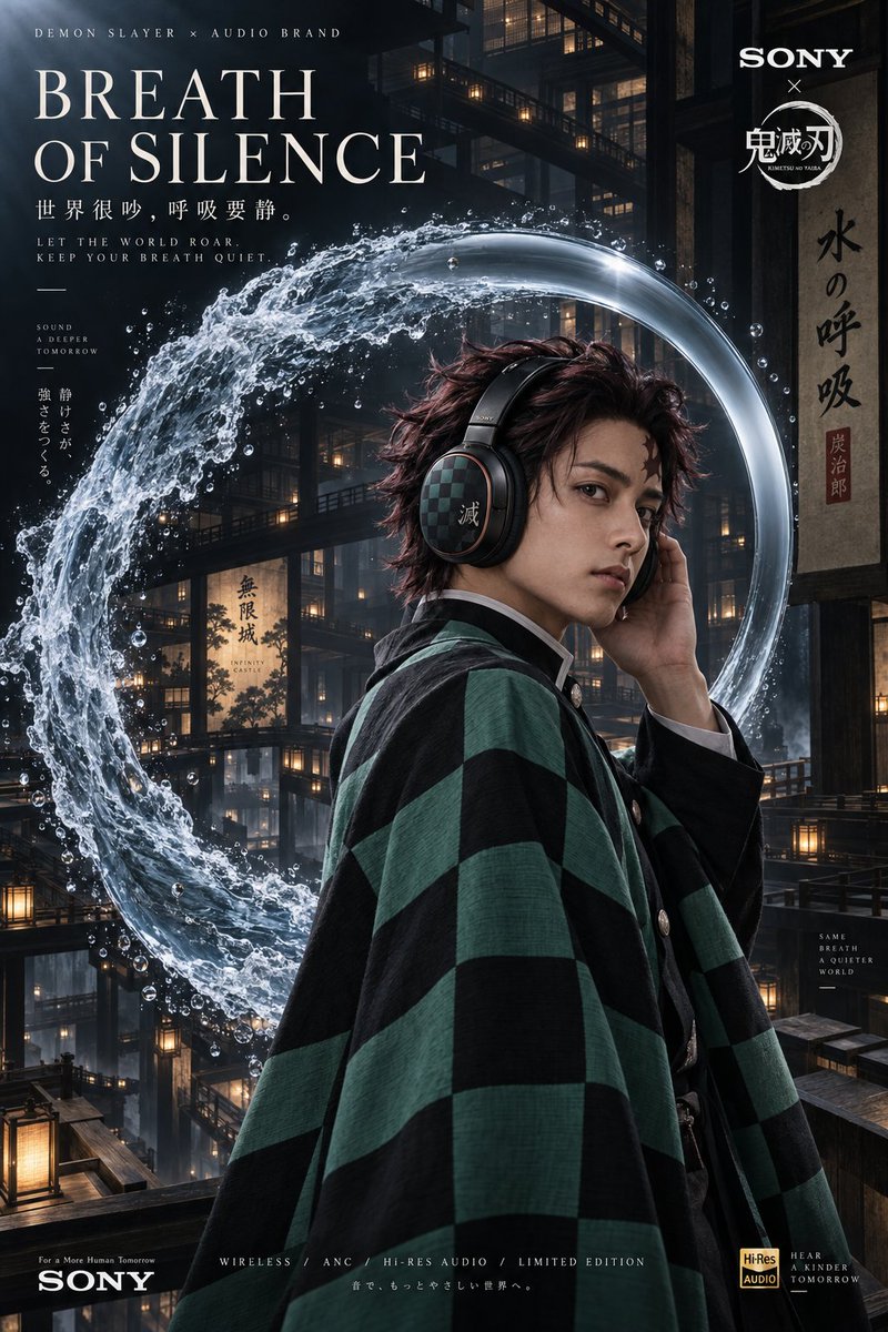 Gptimage2 提示分享: 为一款奢华无线头戴式蓝牙耳机 ×《鬼灭之刃》(DEMON SLAYER: KIMETSU NO YAIBA)限定联名合作,创作一张完整的 2:3…