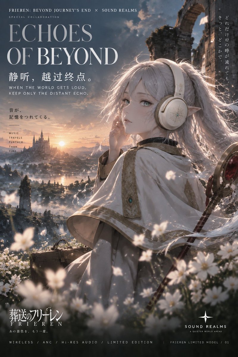Gptimage2 提示词分享： 为高端无线头戴式蓝牙耳机 × 《葬送的芙莉莲》限定联名，创作一整张 2:3 竖版高端商业广告海报。 活动标题： “ECHOE…