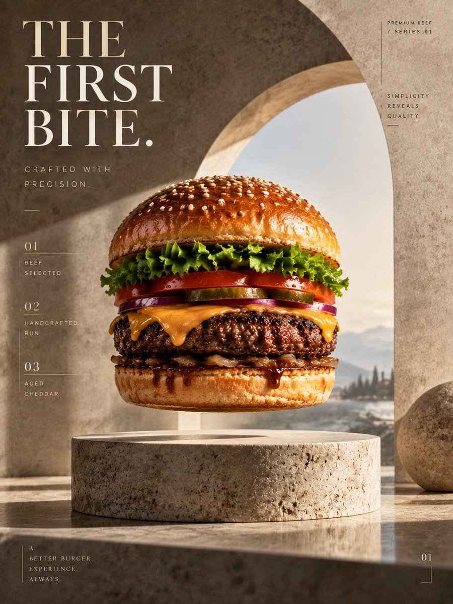 Gptimage2 提示词分享： 为一款高端牛肉汉堡创建一张完整的高档广告海报，竖版 3:4 比例。 选定风格： 超现实主义 × 静奢风 —— 极简奢华静物、…