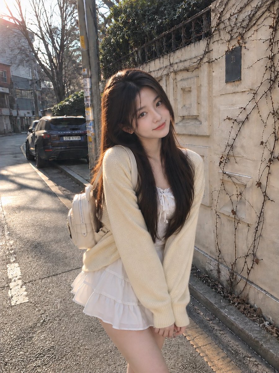 {"prompt": "一张高度逼真的全身户外智能手机照片，年轻女性站在安静的都市街道上，沐浴在柔和的冬日下午阳光中。她有一头深棕色长直发，自然地垂落在肩头，发丝清晰逼真。她面带…