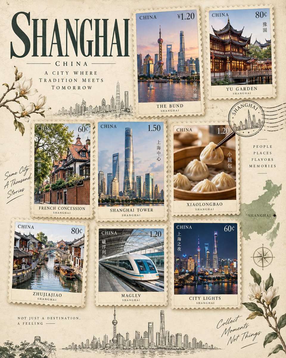 为 [LOCATION]（地点）创作一张高级纵向 4:5 旅行海报，灵感来自一套优雅的复古邮票收藏。使用温暖的象牙白纸张背景，搭配细腻的纸张纹理、柔和的阴影与…