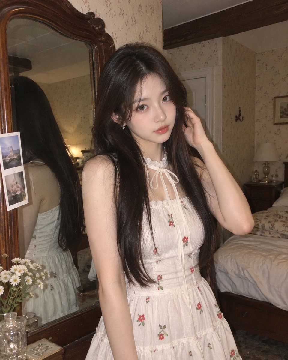 一张照片写实风格的室内人像照，画面中一位年轻女子站在一间温馨复古卧室里，旁边是一面带大型复古木框的镜子。她留着深棕色中分长直发，妆容柔和自然，戴着精致的耳饰…