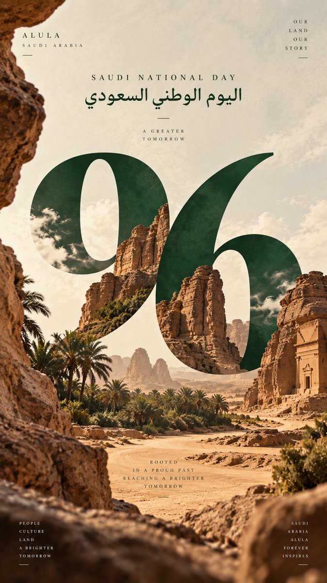 沙特国庆日96图片 💚🇸🇦 我选择了艾卜哈、吉达、欧拉、塔布克 GPT图像提示 Create a premium cinematic vertical editorial pos…