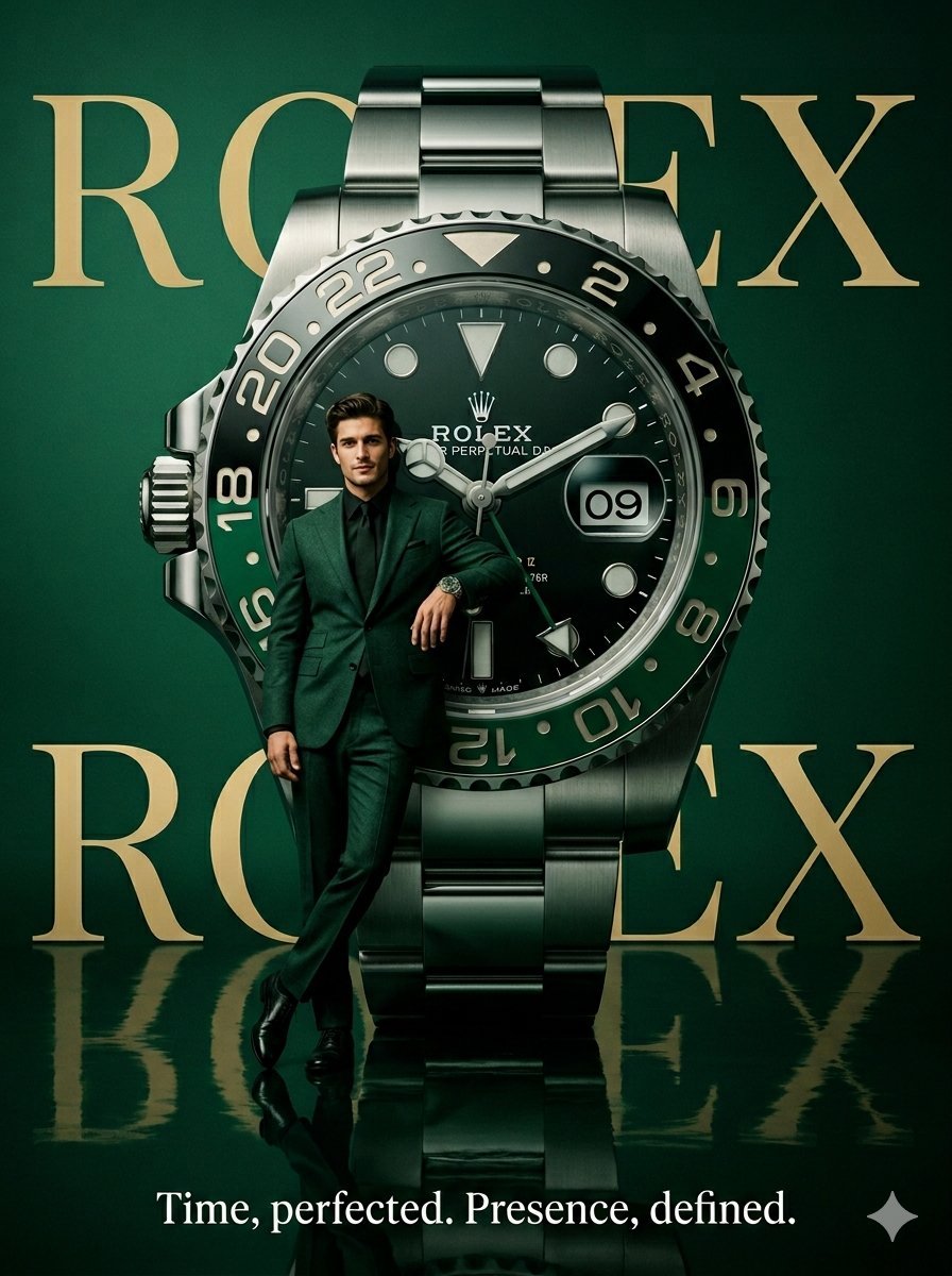 使用 Nano Banana Pro 在 @GeminiApp 上生成 Prompt ⤵️ ; 一张为 Rolex（劳力士）打造的高级时装超现实主义海报。一个…