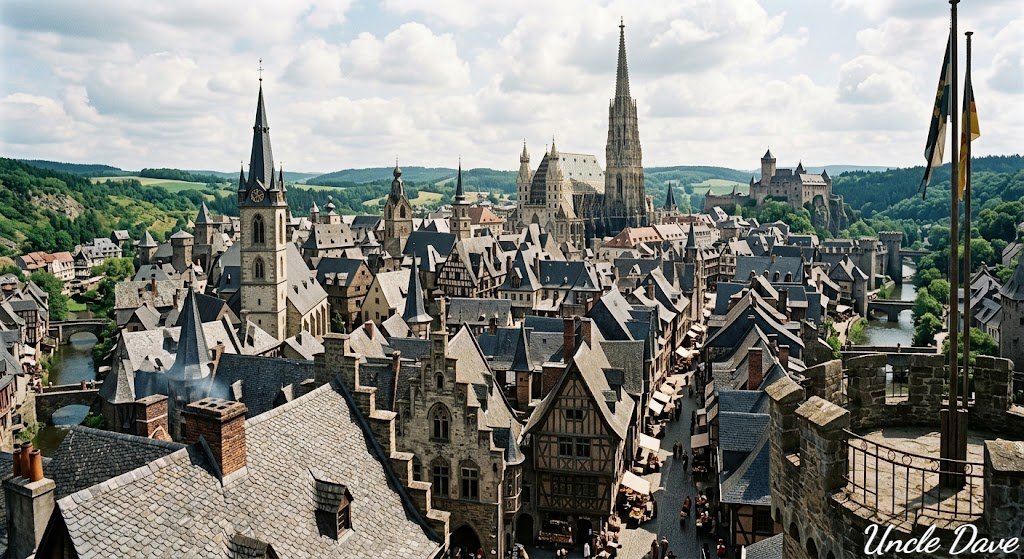 白天看到的哥特式村庄；视角与屋顶齐平 --ar 3:2 --profile 8hhmjfp klxqom5 fey4r6j eynj9qn 5uz2kfv mxmjkmf z9u…