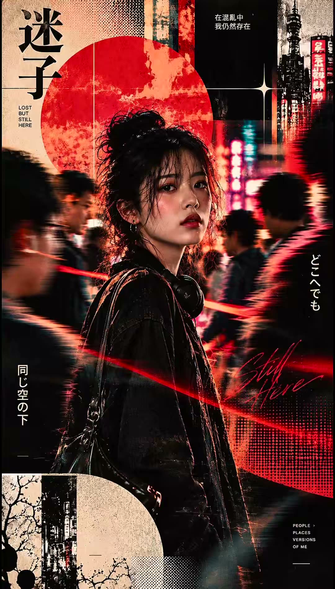 一个现代中国女孩站在人群中，。一个高度立体的人物形象，皮肤精致，触感细腻的物理细节，微妙的错位残影与长曝光拖影。美丽、梦幻、恍惚、脆弱而静谧地令人不安，绝不骇…