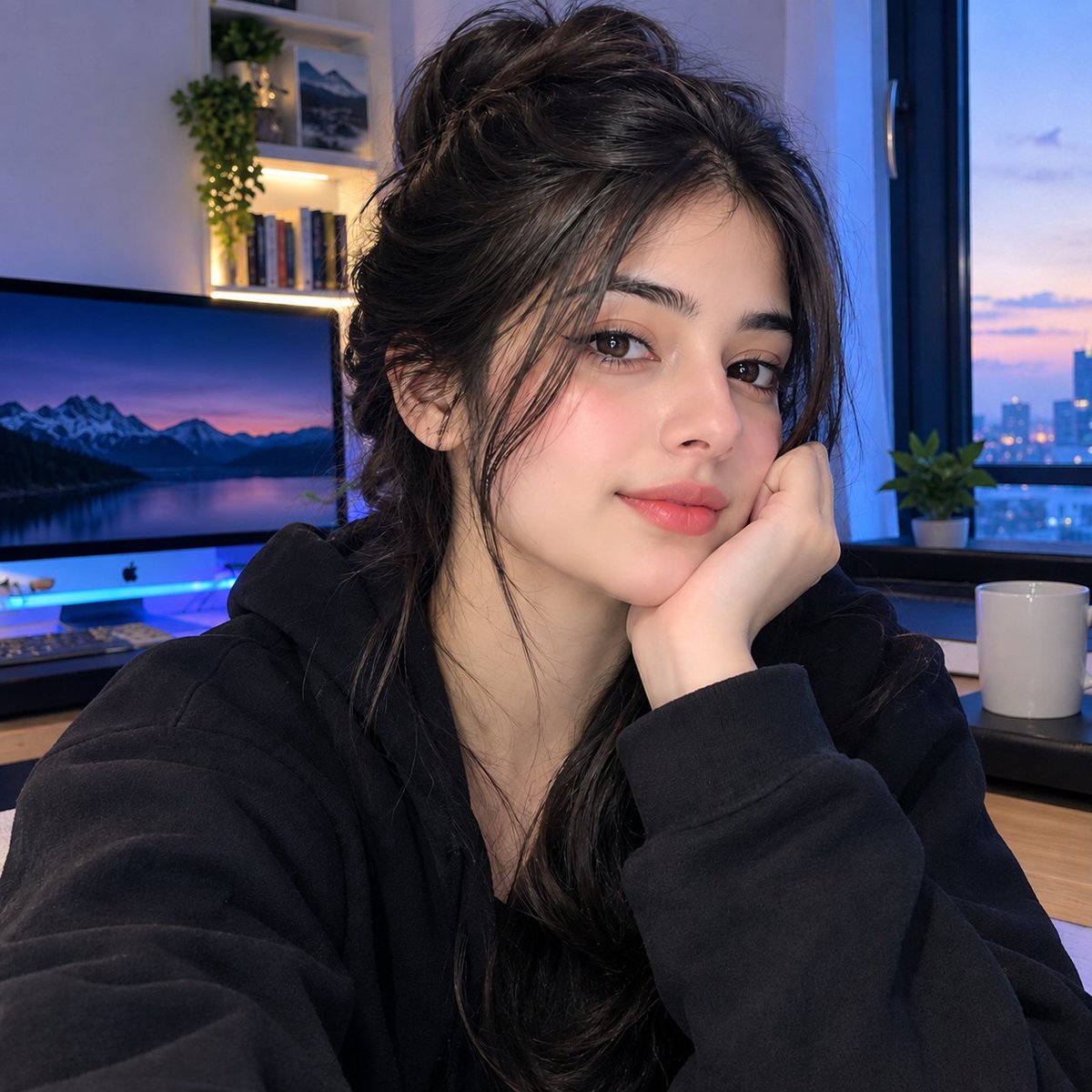 一张特写自拍照，一位美丽的年轻南亚女性将头靠在手上，以微妙而温柔的微笑直视镜头。她有着深棕色头发，蓬松随意地挽起，几缕柔软的发丝垂落在脸庞两侧，深色杏仁状眼睛…