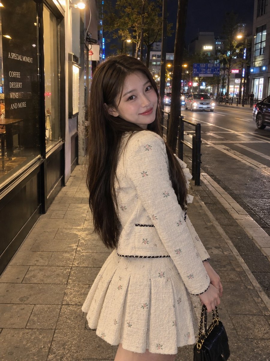 一张逼真的夜间街头人像照，照片中一位年轻女子站在热闹的城市街道上，身穿一件精致的奶白色纹理夹克，上面有细小的花卉图案、装饰性蝴蝶结、深色滚边和珍珠般的纽扣，搭…