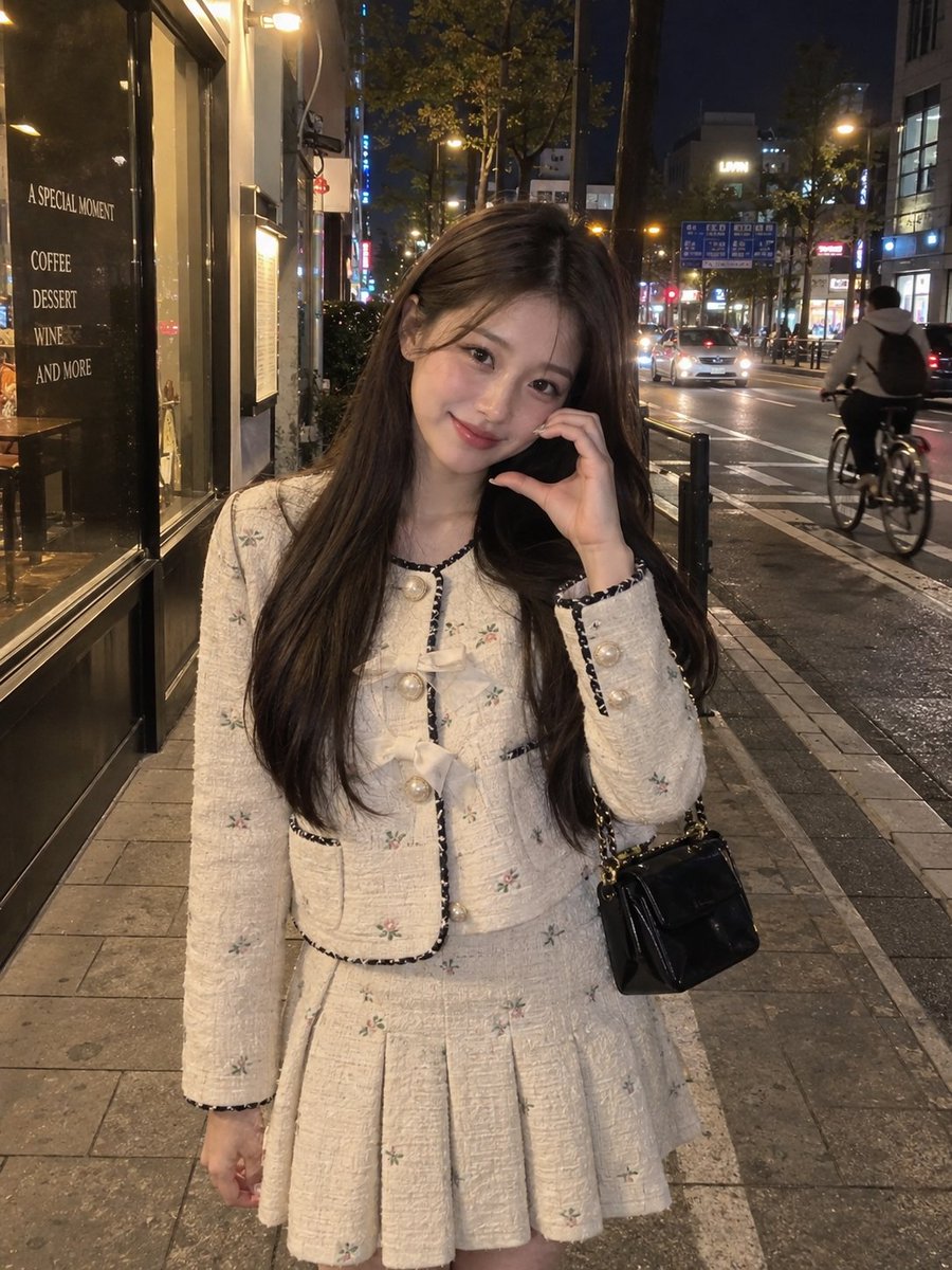 一张逼真的夜间街头人像照,照片中一位年轻女子站在热闹的城市街道上,身穿一件精致的奶白色纹理夹克,上面有细小的花卉图案、装饰性蝴蝶结、深色滚边和珍珠般的纽扣,搭配一条同款百褶裙。她…