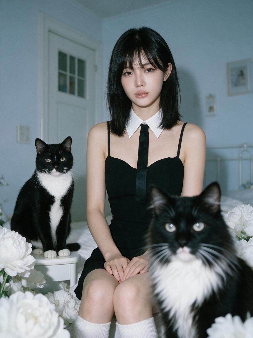 超写实柔焦卧室时尚人像：一位年轻成年女性坐在一间冷色调粉蓝色房间中，周围环绕着超大朵的白色花朵和两只黑白相间的猫。画面应感觉梦幻、安静、略带怪诞，并带有细腻的…