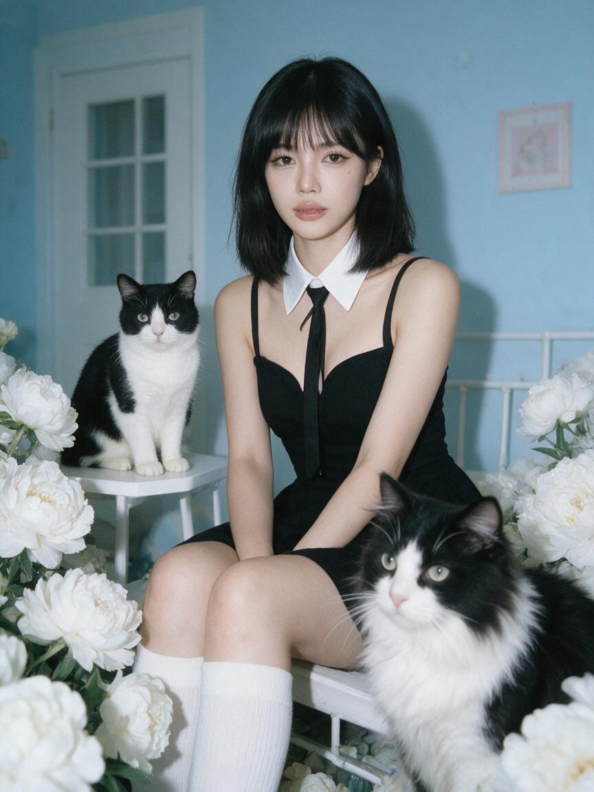 超写实柔焦卧室时尚人像:一位年轻成年女性坐在一间冷色调粉蓝色房间中,周围环绕着超大朵的白色花朵和两只黑白相间的猫。画面应感觉梦幻、安静、略带怪诞,并带有细腻的Y2K风格——像是用…