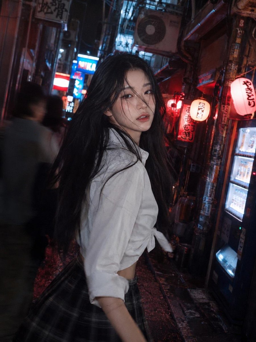 电影感十足、抓拍风格的夜间人像：一位令人惊艳的年轻东亚女性，长长的凌乱黑发被风吹拂掠过面庞。她回头凝望，神情强烈而迷人。身穿系带白色翻领衬衫和格纹短裙。背景是夜晚氛围阴郁狭窄的东…