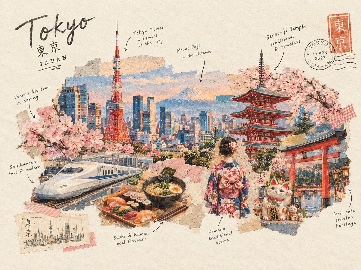 创作一幅迷人的手工旅行拼贴画，代表 [CITY / COUNTRY]。 在温暖的象牙色纸张背景上，用撕纸、水彩晕染、老照片、墨水速写和层层叠加的剪纸纹理构建场景。 包含 5–7…