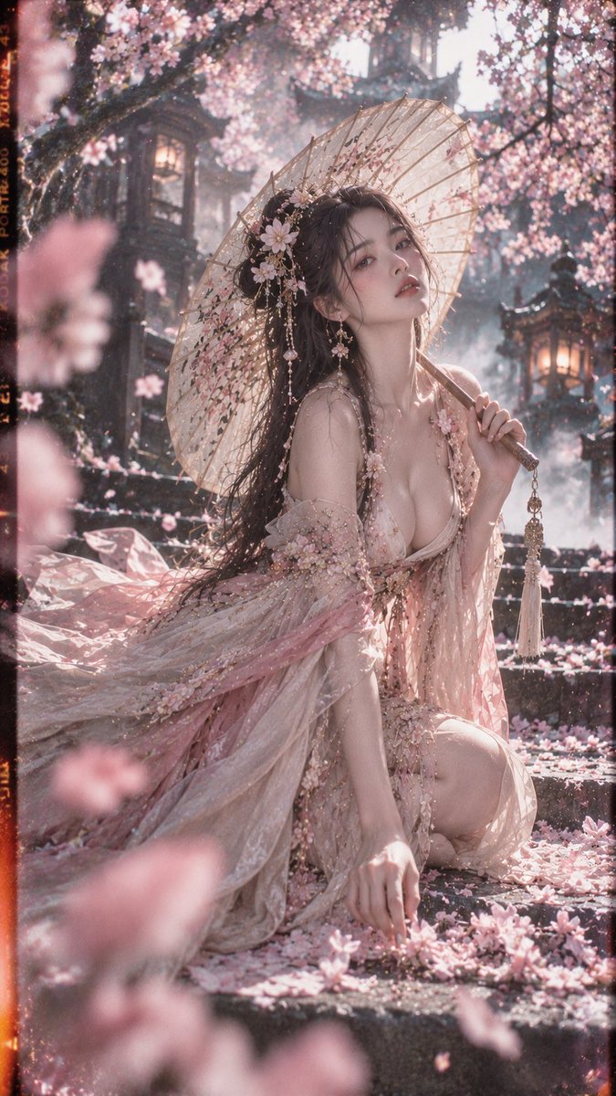 🎞️ 超现实古风电影胶片人像，9:16 竖幅；18–22 岁、明确成年的漂亮东亚女性，约 1.75 米，精致小脸与柔和立体五官，冷白通透肌肤，妩媚又疏离的眼神…