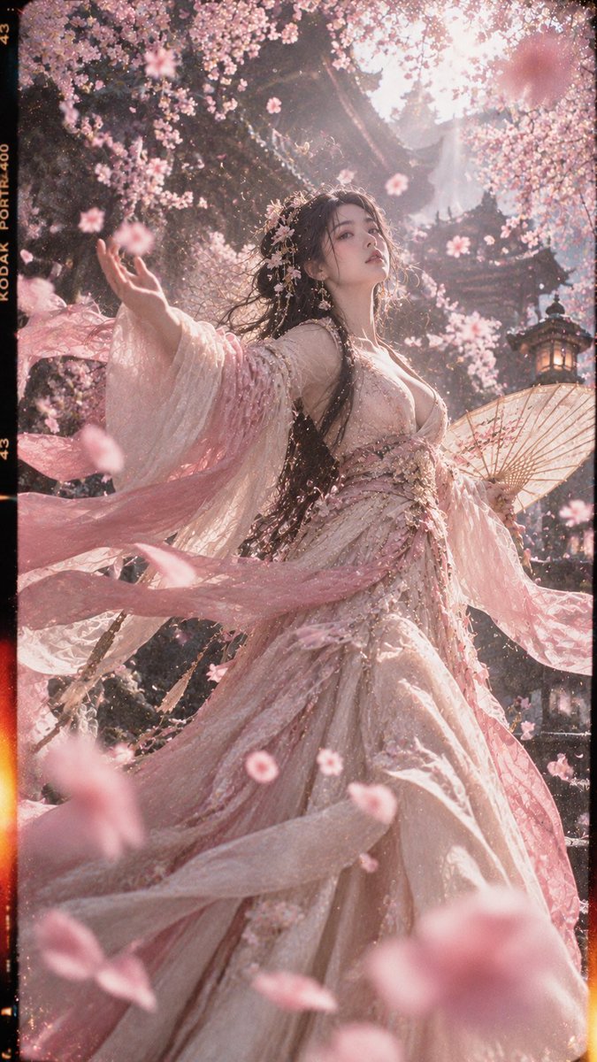 🎞️ 超现实古风电影胶片人像,9:16 竖幅;18–22 岁、明确成年的漂亮东亚女性,约 1.75 米,精致小脸与柔和立体五官,冷白通透肌肤,妩媚又疏离的眼神,高挑纤细的模特身材…