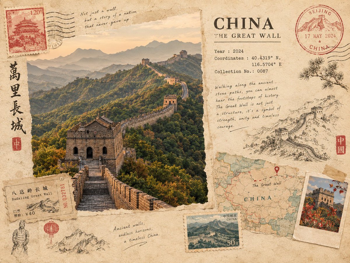 为 [DESTINATION]（目的地）制作一张高端旅行记忆卡，设计风格仿若一位复古探险家私人收藏中精心编排的一页。以 [ICONIC LANDMARK]（标志性建筑/景点）作为…