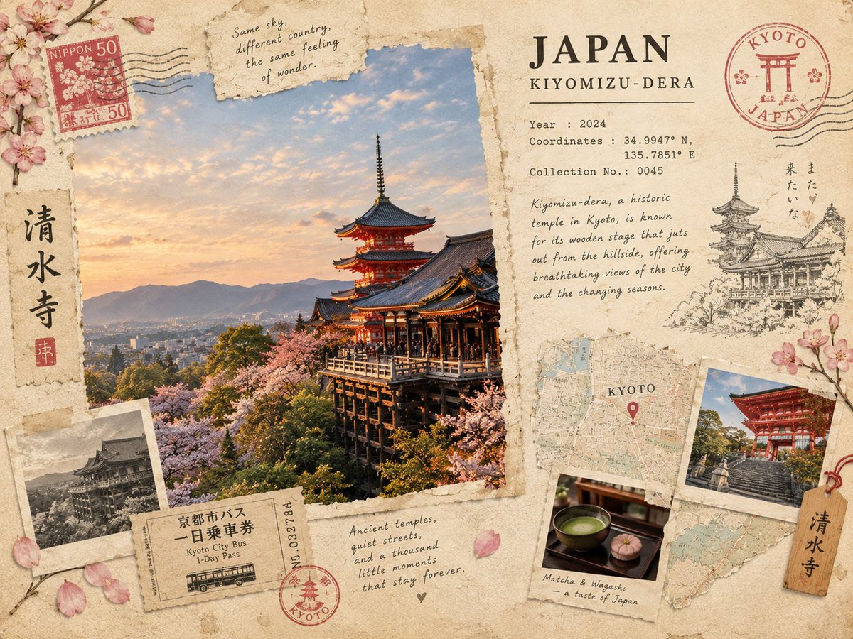 为 [DESTINATION]（目的地）制作一张高端旅行记忆卡，设计风格仿若一位复古探险家私人收藏中精心编排的一页。以 [ICONIC LANDMARK]（标志性建筑/景点）作为…