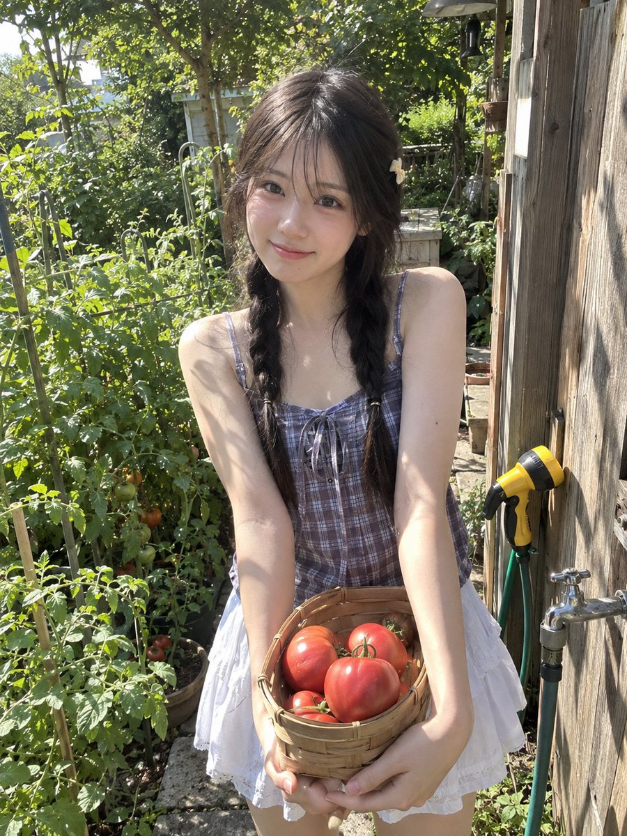 一张照片般逼真的夏日菜园抓拍人像,描绘一位年轻东亚女性在晴朗明亮的午后户外,站在一片郁郁葱葱的菜园旁边。她留着乌黑的长发,梳成两条松散的麻花辫,配以柔和蓬松的刘海修饰脸庞,并别着…
