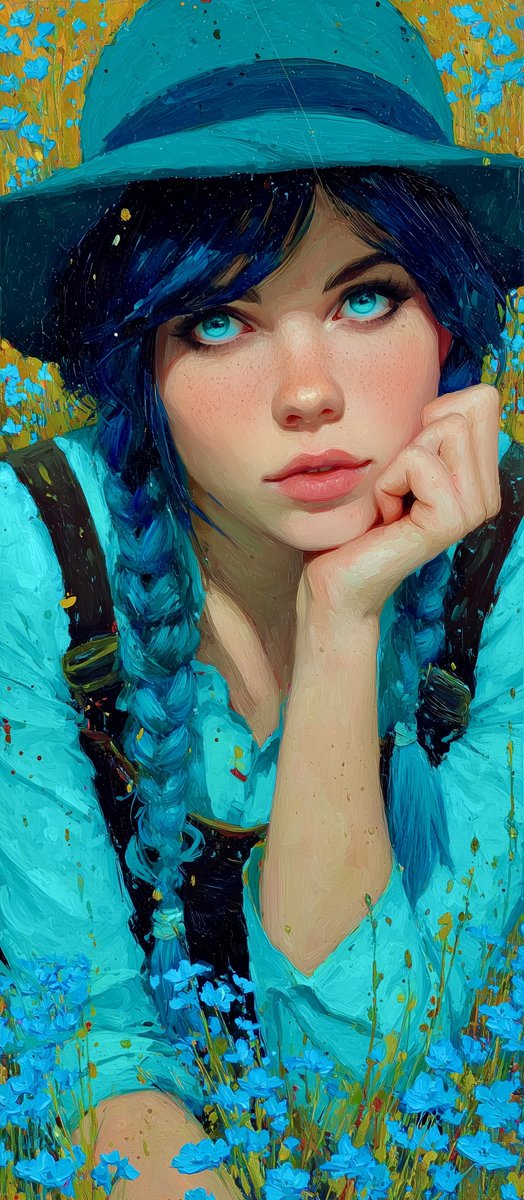一幅竖构图的油画风格肖像画：一位年轻女子将脸颊轻倚在一只手上，向上凝视，拥有一双明亮的绿松石色眼眸，神情梦幻而内省。她有着深藏青近黑的头发，扎成两条长辫，发丝中带有鲜明的青蓝-蓝…