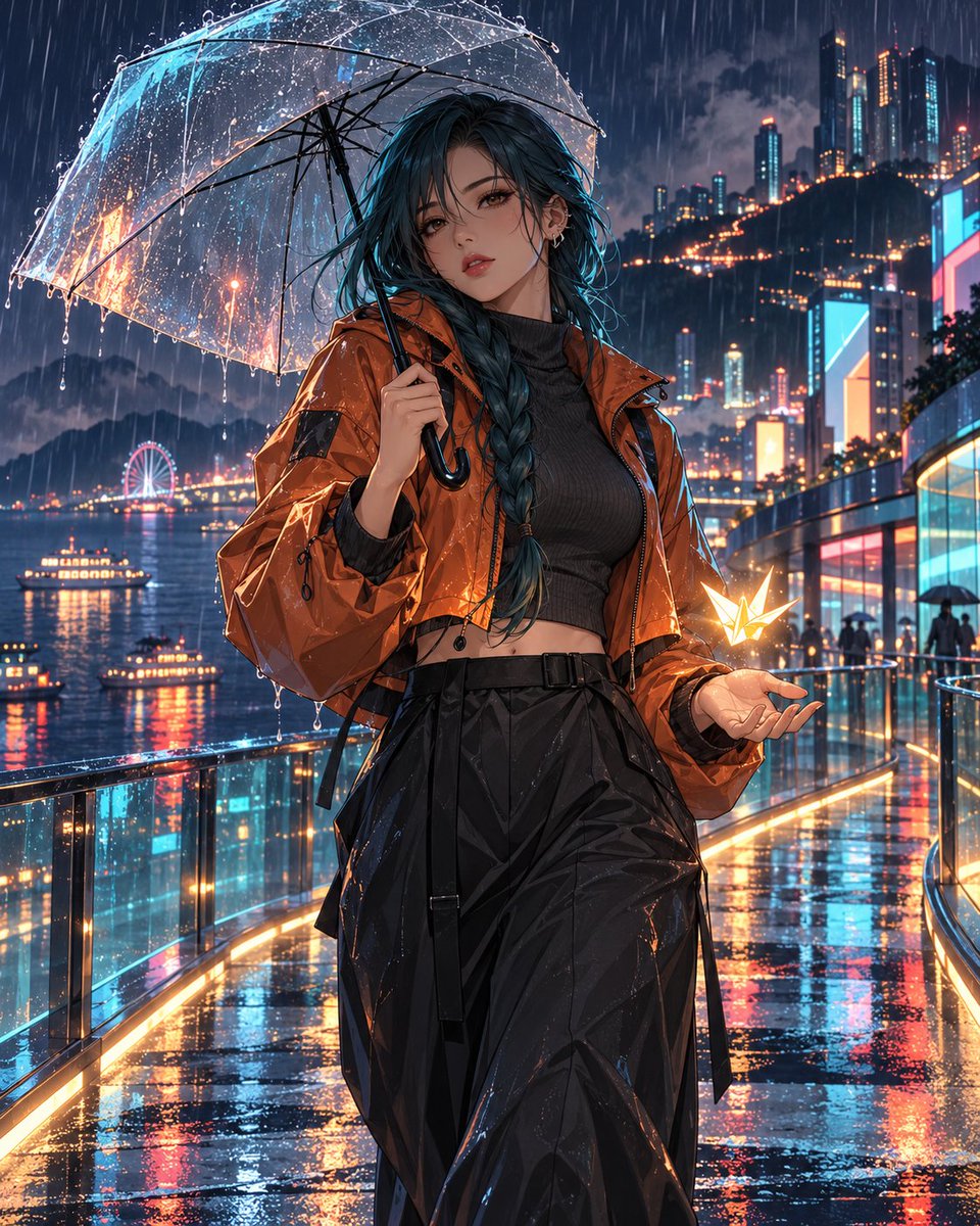 光会找到你 即使在雨中，也会有一点点光透过来。 ✨ 由 GPT Image @ChatGPT 创作 提示词如下 👇 一部电影感的动漫风格时尚人像：一位美丽的年轻成年女性走在夜间未…