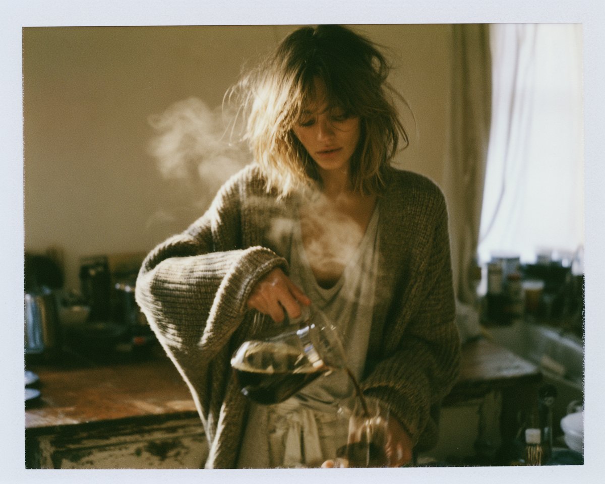一张随拍风格的宝丽来 SX-70 人像照片：一位美丽的年轻成年女性刚醒来，站在一间小厨房里，浅棕色头发凌乱蓬松，身着宽松的针织开衫套在简约睡衣外面，正从玻璃咖…