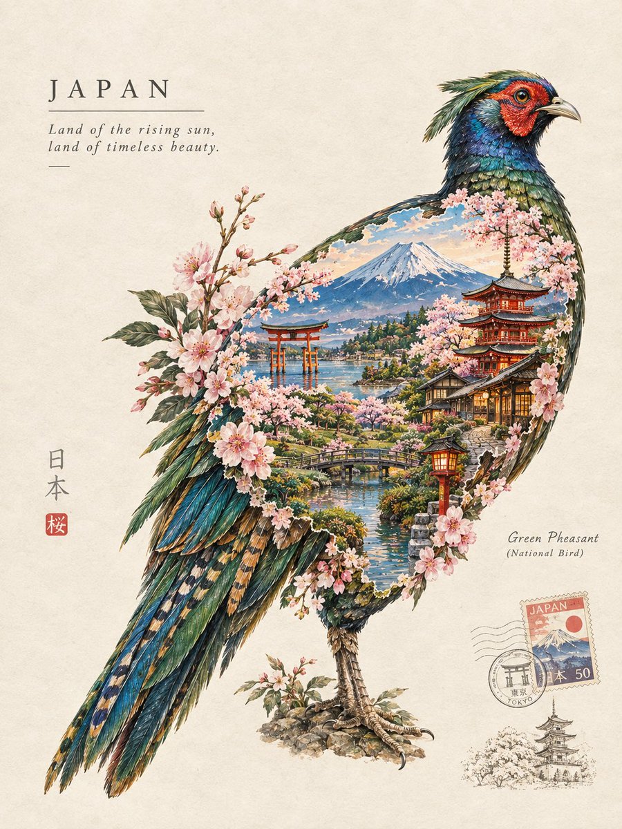 创作一幅精美的艺术插画，以[COUNTRY]（国家）的国鸟[NATIONAL BIRD]（国鸟）来代表该国家。让这只鸟自然地环绕着[COUNTRY]（国家）可辨识的轮廓展开，国家…