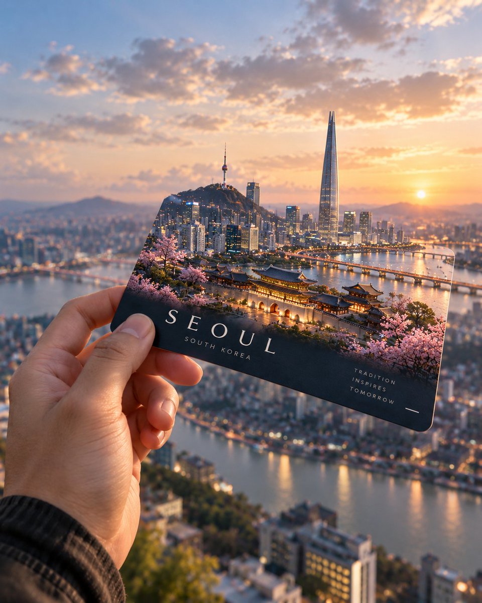 创作一张超写实电影级 4:5 纵向旅行摄影照片，画面中一只手自然持握着一张简约精致的旅行卡片，背景是辽阔的天空。 以 [COUNTRY NAME] 作为创意核心。将这张卡片化作通…