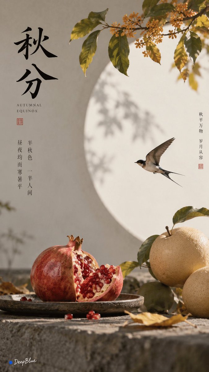 极简东方 × 宋式美学 × 时令诗意 × 独立艺术封面 × 东方自然意境 中国农历节气：秋分 视觉主体：根据节气特征，选择3种最具节气代表性与视觉美感的瓜果蔬…