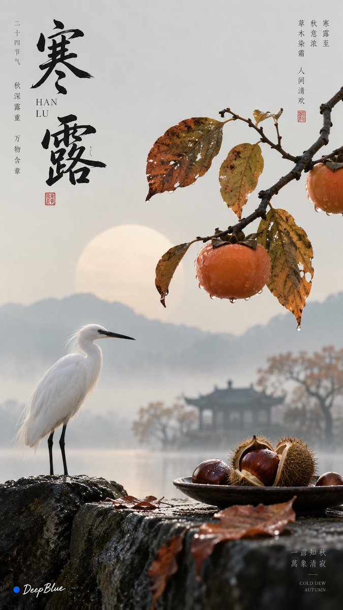 极简东方 × 宋式美学 × 时令诗意 × 独立艺术封面 × 东方自然意境 中国农历节气:秋分 视觉主体:根据节气特征,选择3种最具节气代表性与视觉美感的瓜果蔬菜、动物或自然现象。