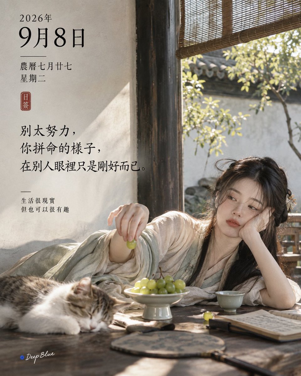 【毒雞湯日簽｜2026年9月8日】 根據日期自動準確生成對應的中國農曆、星期與一句當日毒雞湯。 4:5豎版；極簡東方 、宋式美學 ；根據毒雞湯內容搭配有反差感…