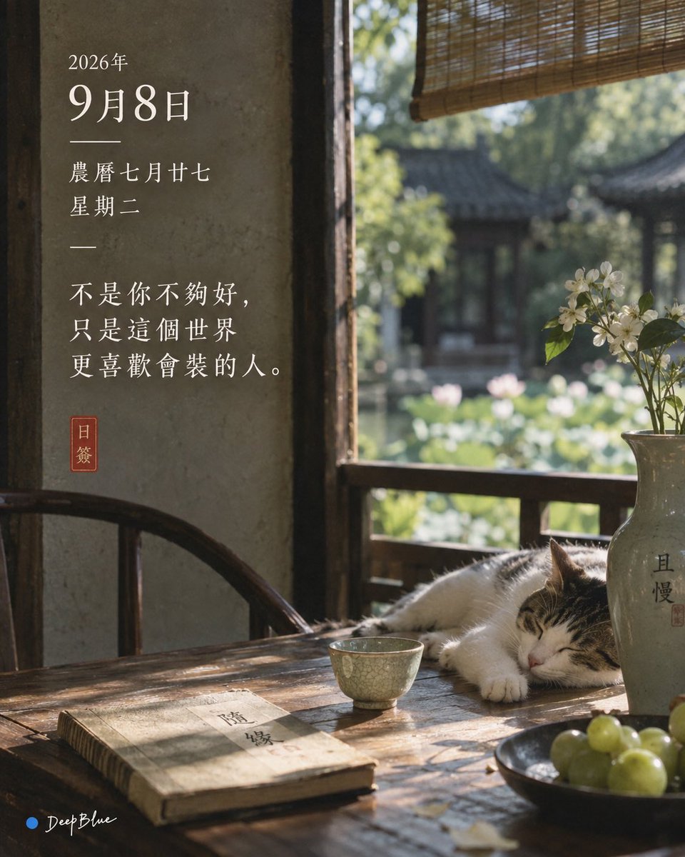 【毒雞湯日簽｜2026年9月8日】 根據日期自動準確生成對應的中國農曆、星期與一句當日毒雞湯。 4:5豎版；極簡東方 、宋式美學 ；根據毒雞湯內容搭配有反差感的東方生活場景；克制…