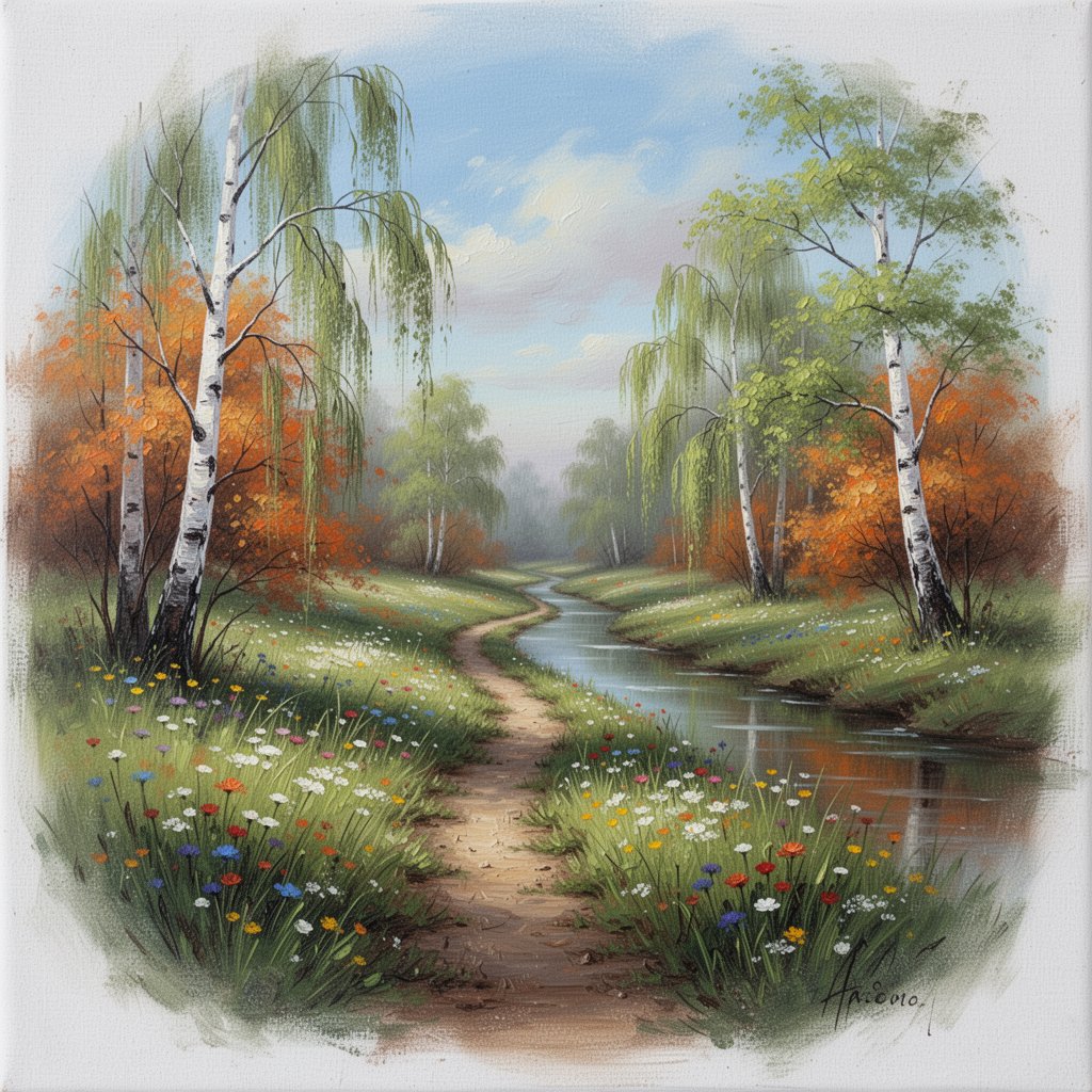 柔和的绘画风格油画风景：一条狭窄的土路蜿蜒穿过春日草地，消失于野花之中，看不到尽头。一条静谧、缓缓流淌的小溪倒映着淡蓝色天空与柔和的云朵。垂柳与银桦树框景，暖…