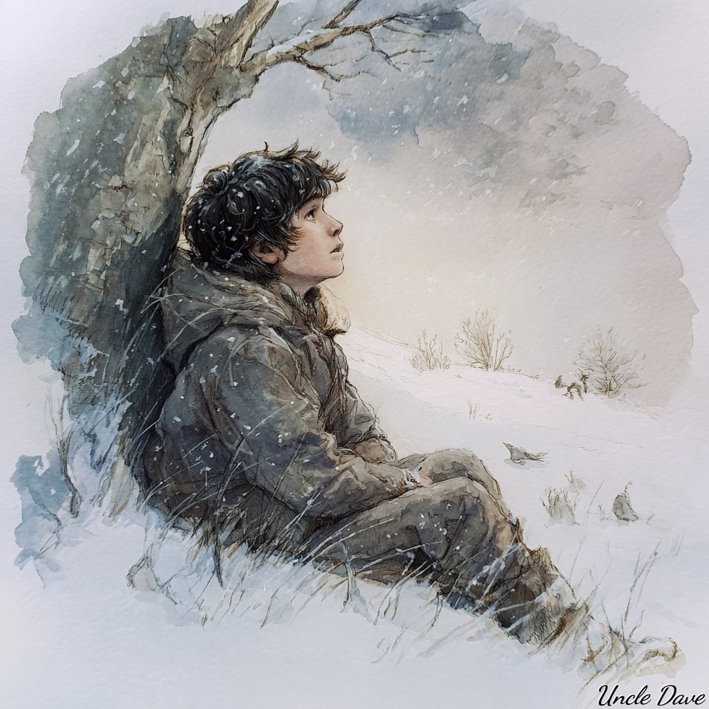 当你是一个13岁的男孩,遭遇了一场冬季风暴。水彩画,圆形粗糙边缘的晕影画,晕影之外是一些微小的场景,展示如果他没有遭遇风暴,他本来会在做什么;1:1 长宽比 @ChatGPT 做…