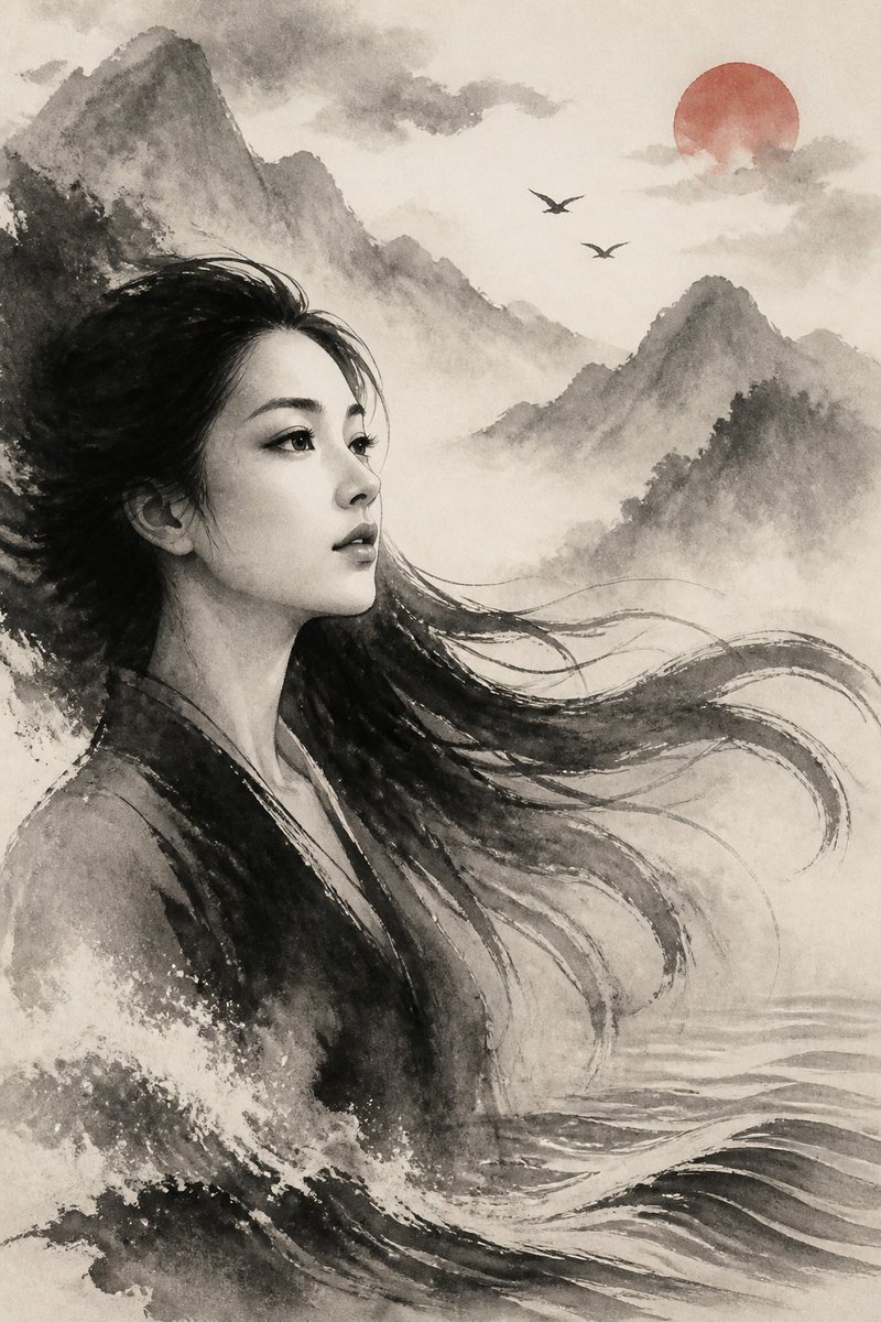 水墨画：粗犷的湿黑笔触勾勒主体，边缘带有干笔飞白，湿润的墨色渗入纸张纤维，层层墨晕营造出深度。一位美丽女子的面容望向未来，她的长发飘向远方。背景更丰富且均衡…