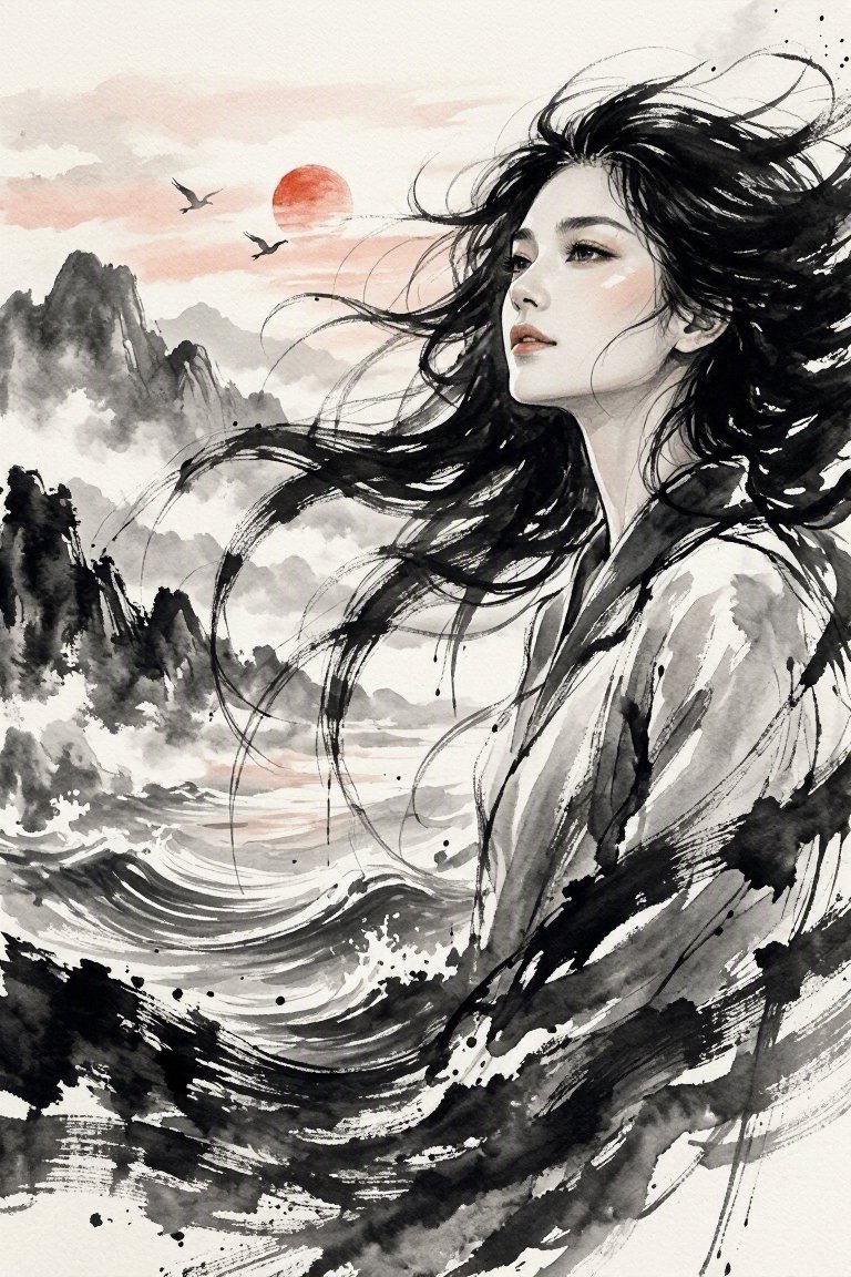 水墨画：粗犷的湿黑笔触勾勒主体，边缘带有干笔飞白，湿润的墨色渗入纸张纤维，层层墨晕营造出深度。一位美丽女子的面容望向未来，她的长发飘向远方。背景更丰富且均衡：柔和的墨色山脉、飘渺…