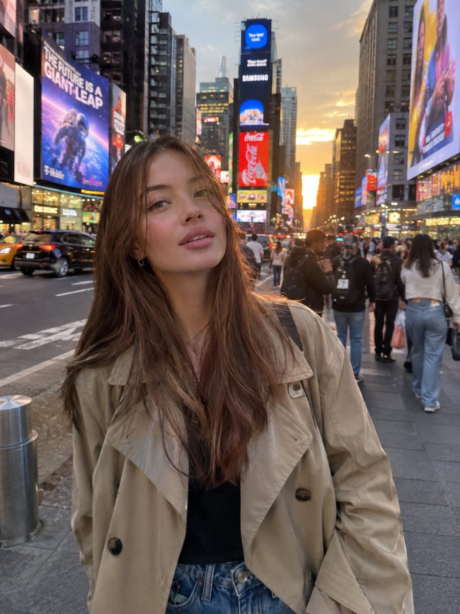 超写实照片，主体为[角色，例如：20多岁的年轻女性 / 30多岁的男性]，站立于[地点，例如：纽约时报广场 / 东京狭窄的街道 / 巴黎某处屋顶]，身穿[服装…