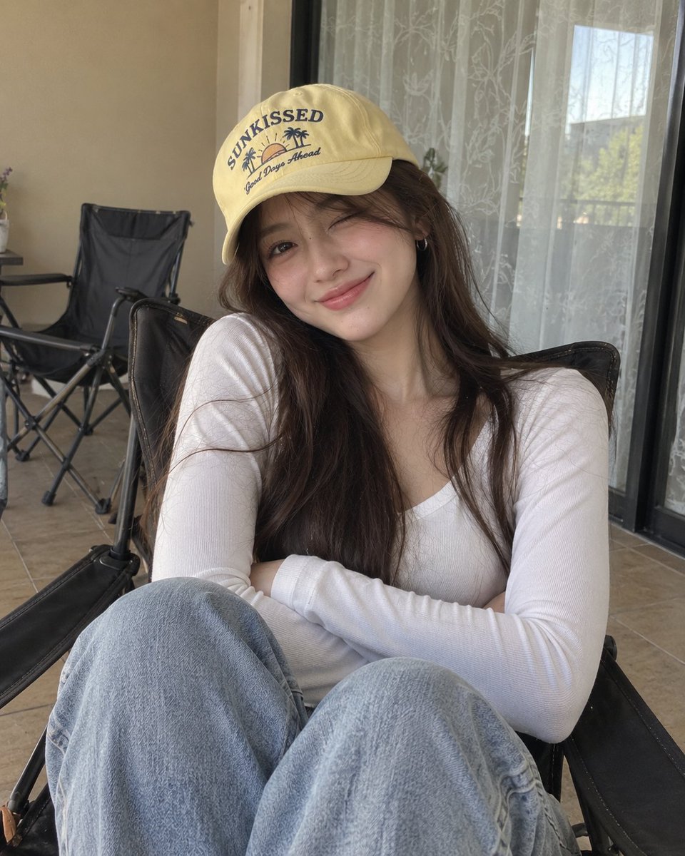 一张超写实的随性人像照片：一位年轻女性舒适地坐在一把深色折叠躺椅上，使用智能手机在室内拍摄。她留着长而顺直的深棕色头发，自然地垂落在肩上，面部轮廓柔和，肌肤光…