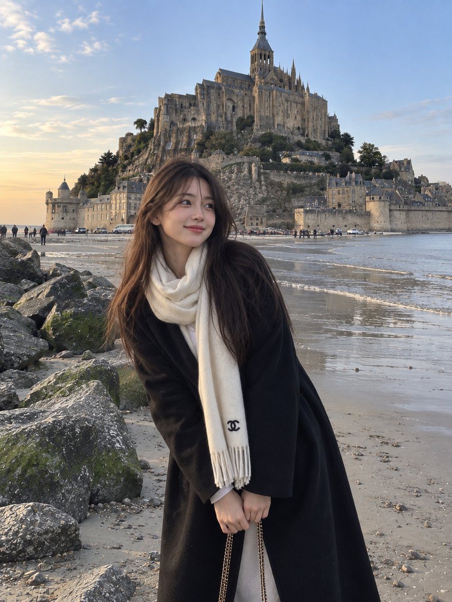 一张照片般逼真的抓拍旅行肖像：一位年轻的东亚女性站在一片宁静的沙滩岸边，旁边是覆盖着苔藓的巨大岩石，身后一座壮观的古老石砌修道院和中世纪城堡式建筑戏剧性地矗立…