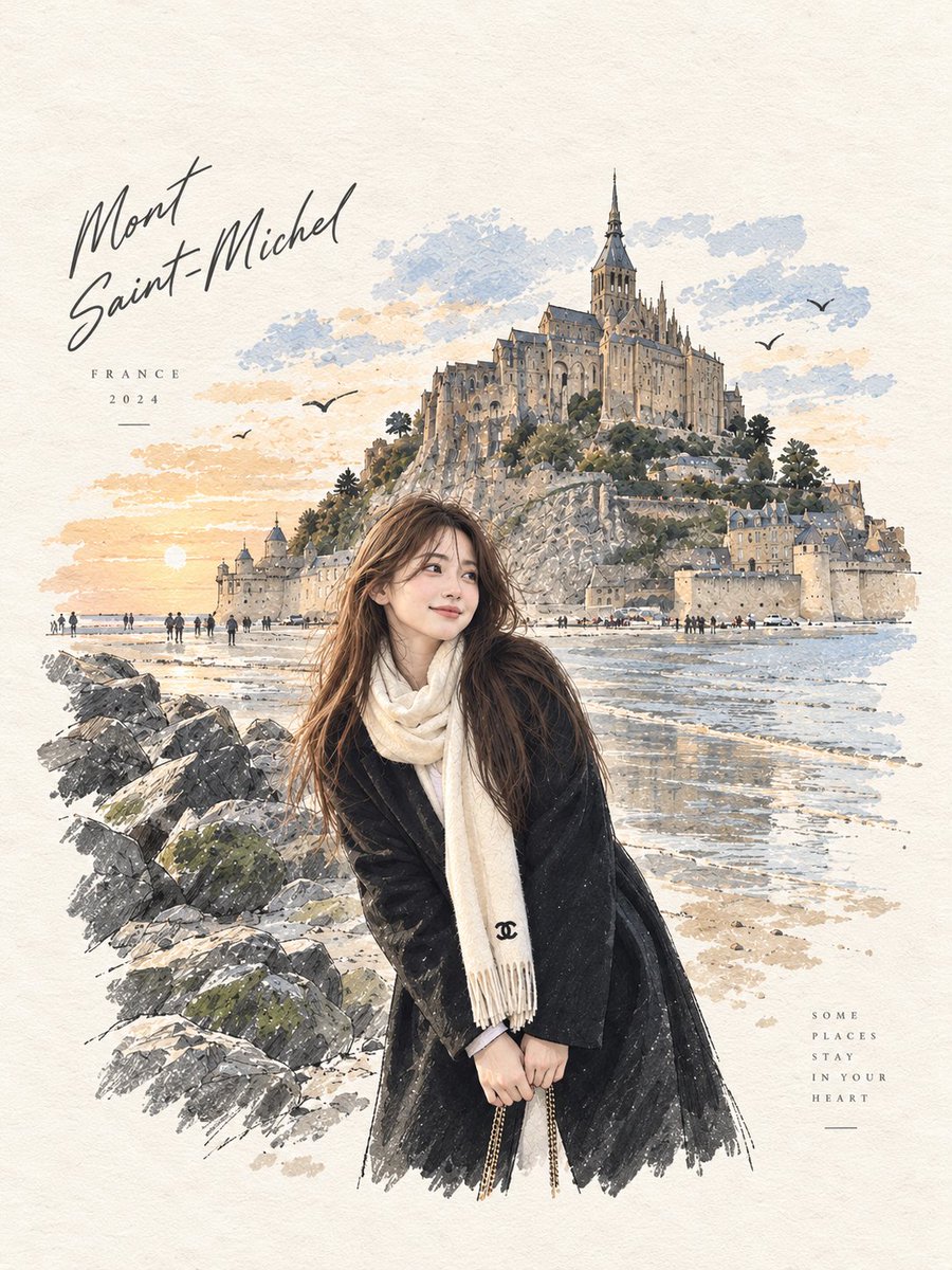 一张照片般逼真的抓拍旅行肖像：一位年轻的东亚女性站在一片宁静的沙滩岸边，旁边是覆盖着苔藓的巨大岩石，身后一座壮观的古老石砌修道院和中世纪城堡式建筑戏剧性地矗立在岩石小岛上。她留着…