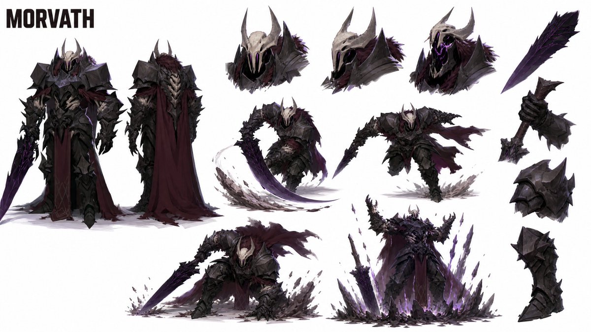 2D 平面插画，框内居中一个全身人物：Morvath，哥特式地牢 BOSS 级巨像，高耸威严，重心低沉，斗篷拂地。头戴带角的大教堂骨骼骷髅盔，狭窄的紫色眼缝。身穿棱角分明的黑铁板…