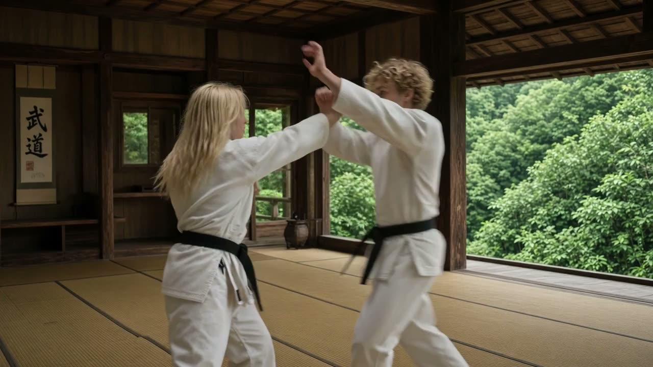 人物：一位长发金发女性和一位卷曲金发男性。两人均身穿白色武术服（道服）并系黑色腰带。 动作：他们进行激烈、快速的手搏对练，互换拳法与格挡，随后分开摆出防御姿势…