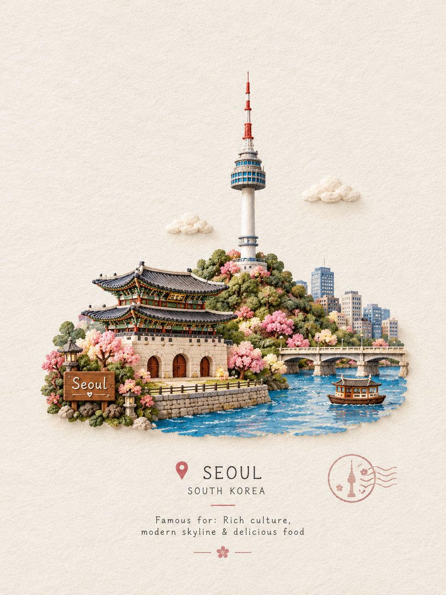 创建一个迷人的手工微缩旅行场景，以 [ICONIC STRUCTURE]（标志性建筑）作为主要焦点。 将这座地标展示为一个精美雕刻的小型 3D 模型，具有柔和…