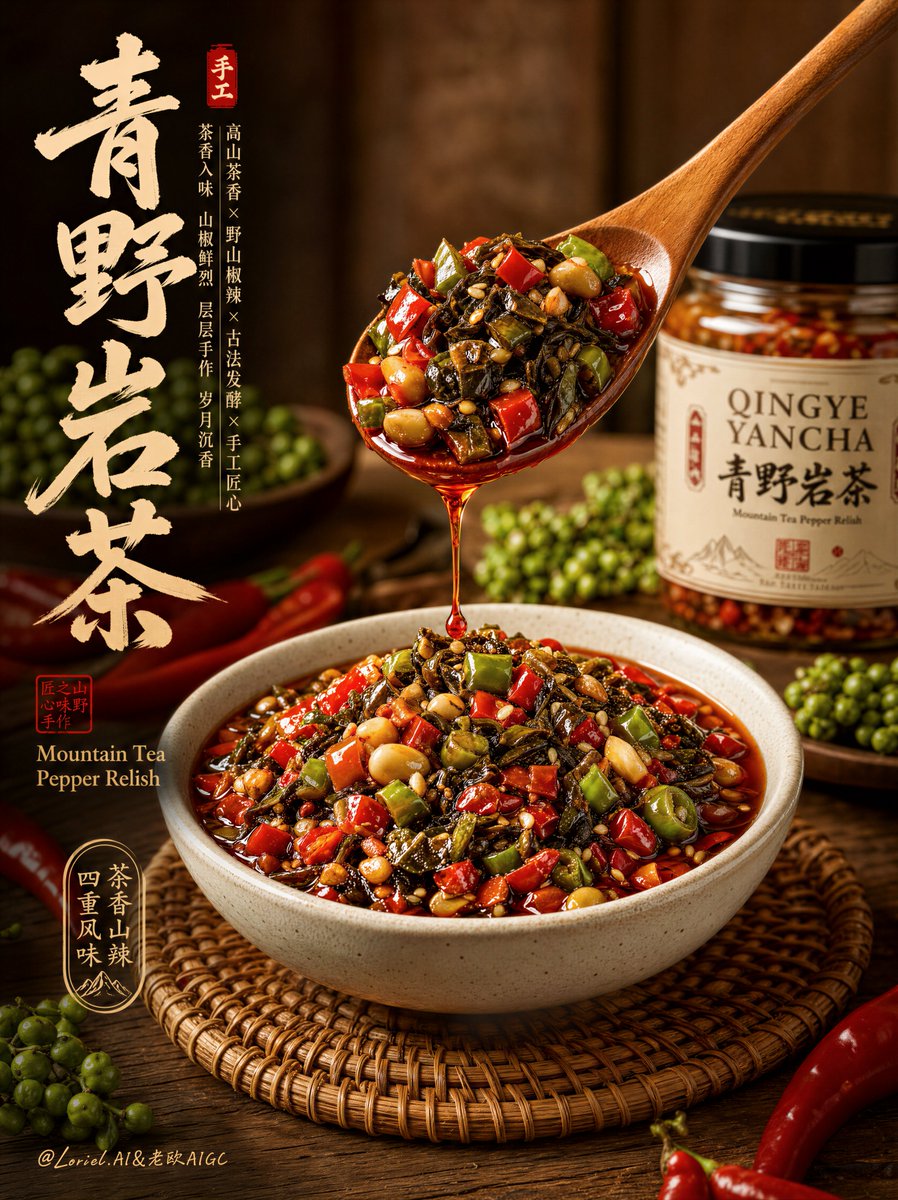 复制的中文原文,抄袭的广告语,普通的剁椒宣传单,丑陋的字体排版,粗糙的黑色字体,无法辨认的标签,扭曲变形的字母,变形的碗,假的勺子形状,浑浊的剁椒质感,看起来像塑料的油,细节不足…