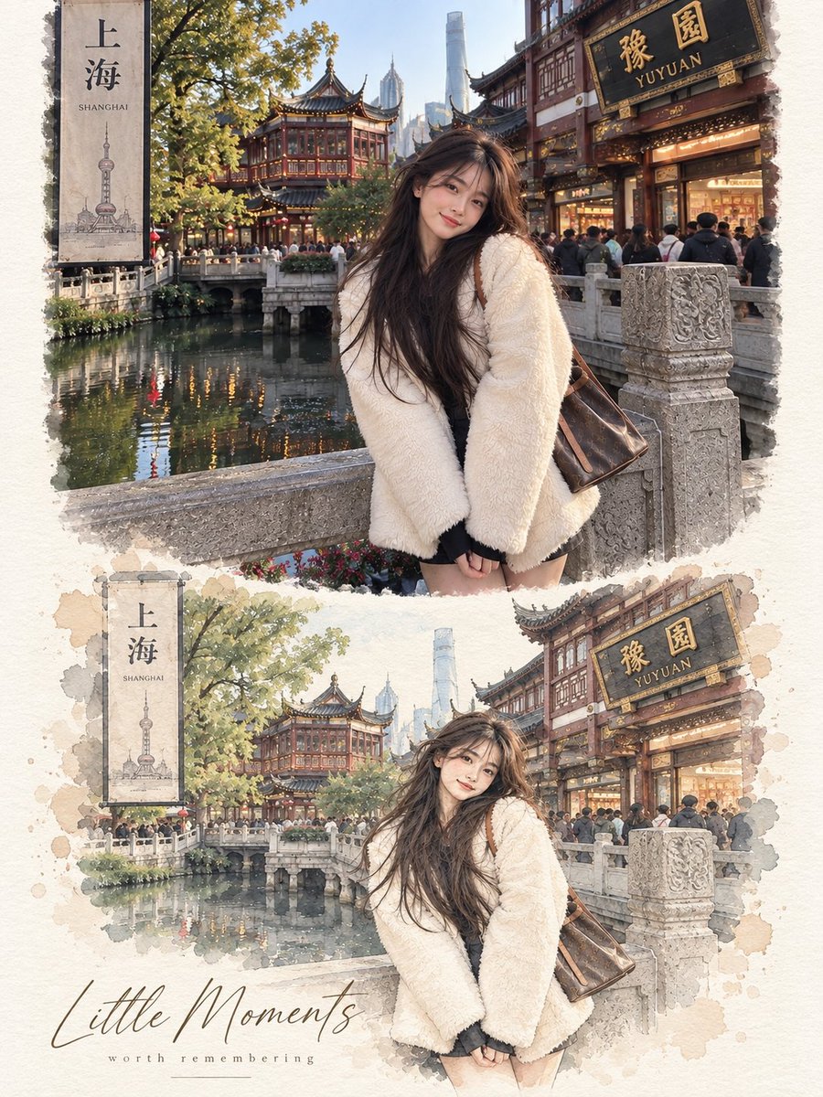 GPT image 2 via @openart_ai 提示词 完全依据上传的照片,创作一幅高级极简水彩小品画作。准确保留主体、身份、姿势、服装、物品、环境、光线、色彩、构图和氛…