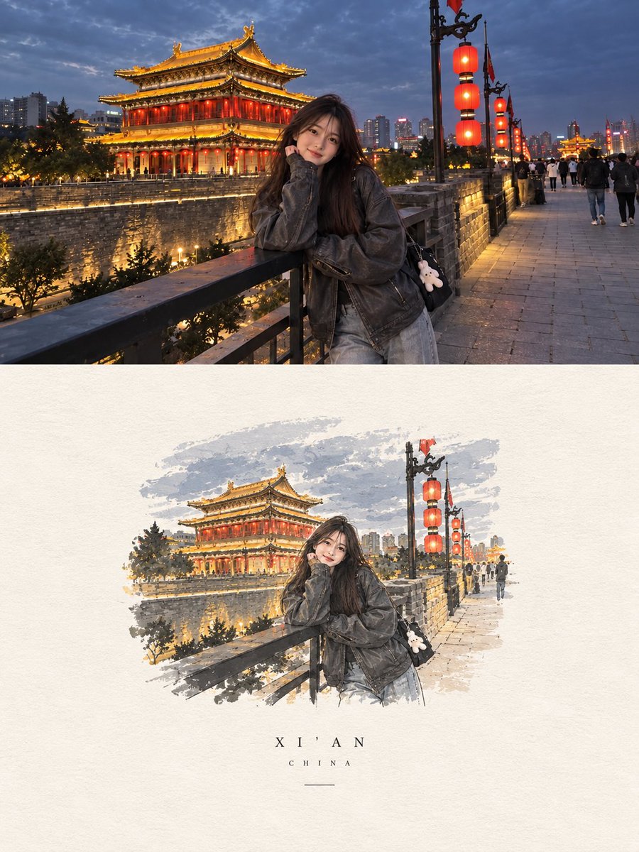 一张真实自然的抓拍旅行照片,画面中一位年轻的东亚女性夜晚站在古城墙旁的一条古老石板路上。她身后是一座美丽的中国传统风格建筑,散发着温暖的金色灯光和深红色点缀…