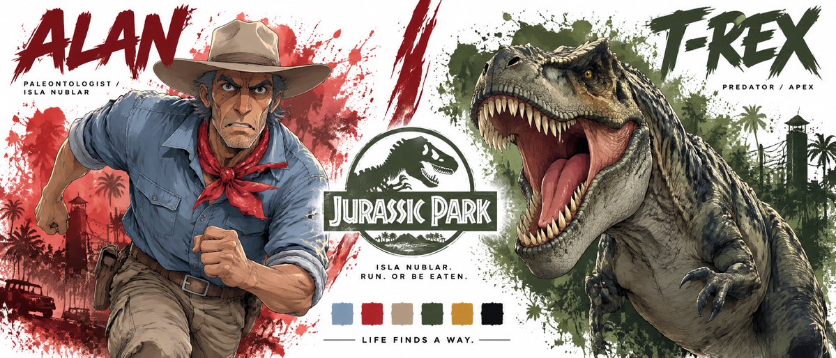 “为 ALAN 与 T-REX 制作一张高端电影感角色圣经设定图。严格使用已上传的角色设定图作为两人的视觉参考。不得改变任何一方的外观。 版式：分屏搭档格式…
